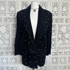 Vintage Avanti Black Suede Leather Rhinestone Longline Oversized Blazer Sz Small